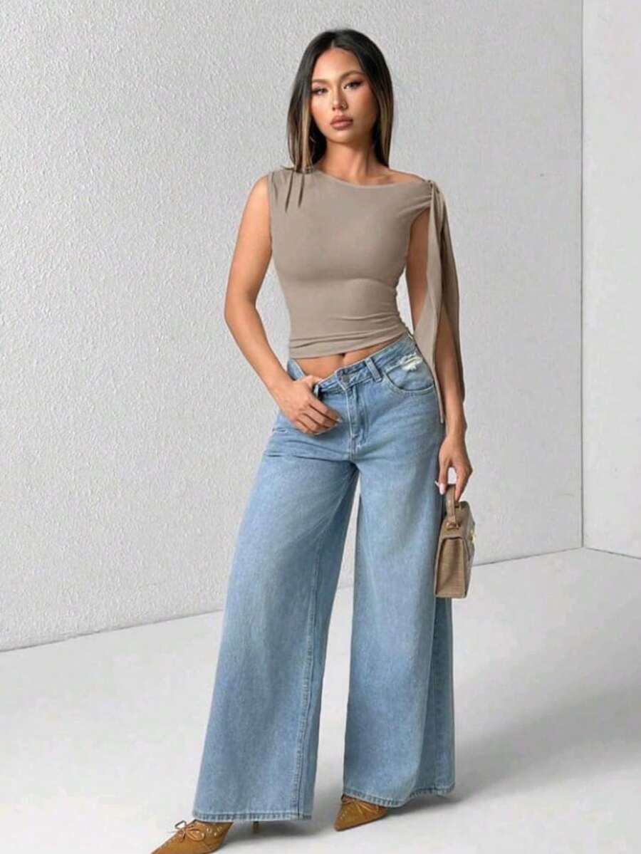 Elegant Suplex T-Shirt Top With Asymmetrical Shoulders And Straps, Ideal For Daily Use, Outings, Nightclubs, Parties, Halloween Costumes - 淺灰色 - 查看 1