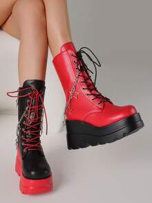 Women Platform Y2K Fashionable Heel Gothic Round Toe Boots Combat Motorcycle Punk Lace Up Boots With Side Zipper Boots - màu đen - Xem 7