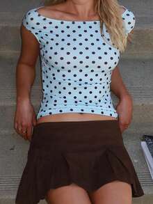Womens Summer Short Sleeve Crop Tops Boat Neck Slim Fit T Shirts Polka Dot Y2K Going Out Blouses 1 Pcs 120g Rams 95%Polyester 5%Elastane Top - Màu xanh da trời - Xem 7