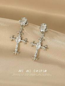 1 Pair Punk Rock Style Cross Pendant Earrings, Unique Black Artificial Crystal Earrings For Women - Silver - View 9