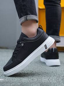 ​Men's Black & White Leather Sport Sneakers - Chunky Sole Everyday Shoes For Street Style, Year-Round Lightweight Wear​ - 黑色 - 查看 1
