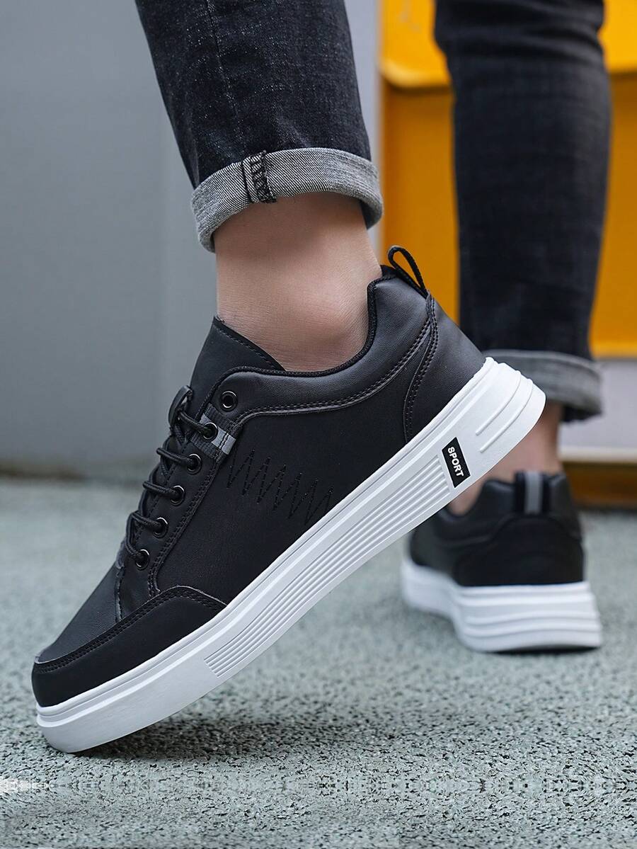 ​Men's Black & White Leather Sport Sneakers - Chunky Sole Everyday Shoes For Street Style, Year-Round Lightweight Wear​ - 黑色 - 查看 1