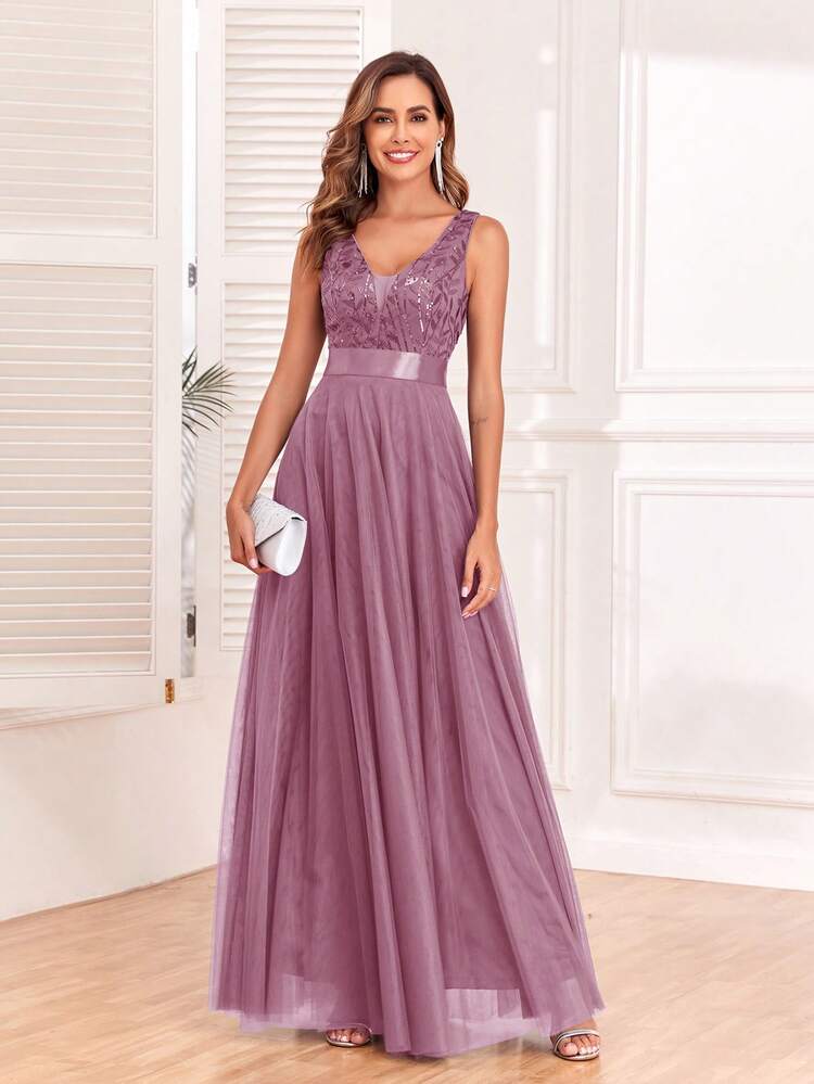 V-Ausschnitt ärmellos besticktes Mesh A-Linien Brautjungfernkleid, elegantes Abendkleid, formelles Hochzeitsgast-Kleid, Abschlussfeier-Kleid, Abendkleid Frühling - Altrosa - Übersicht 8
