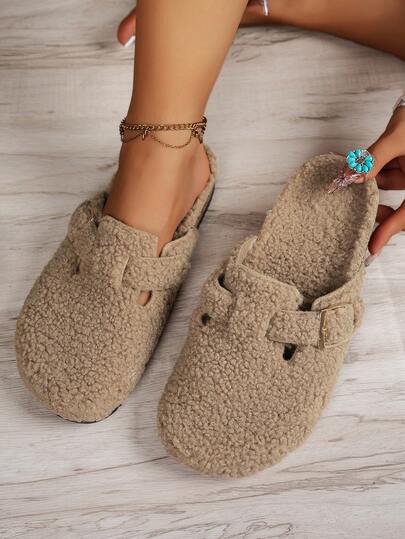女士时尚新款毛绒单扣舒适室内户外度假休闲平底拖鞋