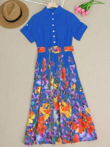 Đầm nữ mới in hoa, cổ tròn, ôm eo, thời trang thanh lịch, cài cúc, dáng xòe, thích hợp cho mùa hè. - Màu xanh lam - Xem 2