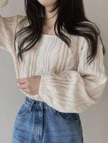 Suéter de punto de cable de color sólido de manga larga, suéter de manga farol con cuello cuadrado, suéter corto de color sólido - Albaricoque - Ver 3