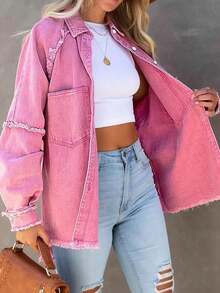 Plus Size Women Patchwork Fringe Denim Jacket Casual Pink Spring - Pink - View 4