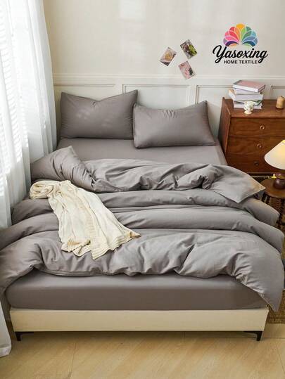 2/3 件套双面纯色被套套装（1 个被套和 1/2 个枕套），透气面料，四季皆宜，双色设计，适用于卧室、客房、婚礼、情人节、宿舍、学校等，灰色调，适合卧室装饰。