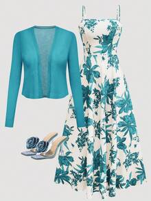 女式无袖印花腰喇叭裙搭配针织开衫，浪漫波西米亚花卉印花度假装套装 - 水鴨藍 - 查看 2