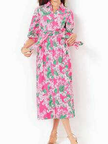 1pcs Women's Pink Floral Print Three-Quarter Sleeve Long Shirt Dress With Button Placket Closure, Lapel, Sleeve Tabs And Belt, Suitable For Any Occasion, Machine Washable, Women's Spring Summer Clothing - 粉色 - 查看 2