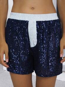 Women's Pajama Shorts Sparkly Sequined Striped Trim Low Rise Sleep Shorts For Summer