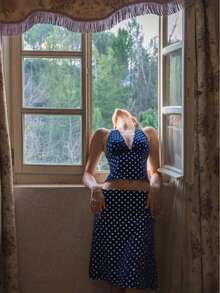 女士波点撞色优雅派对休闲假日Y2K露背吊带系带荷叶边下摆两件套，魅力时尚春夏装 - 藏蓝色 - 查看 5