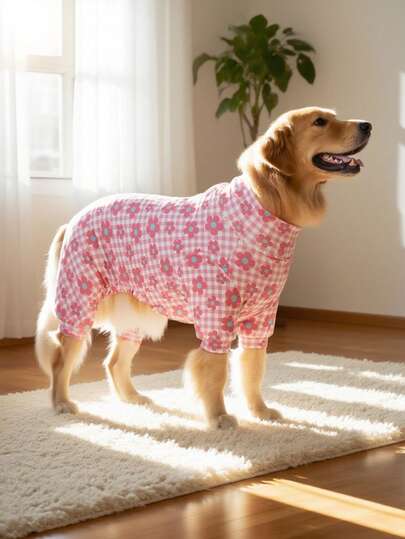 Dog Pajama, Dog Recovery Suit, Dog Costume, Dog Jumpers, Dog StuffUltra, Dog Outfits, Dog Clothes, Dog Accessories, Puppy Pajama, Puppy Clothes, Puppy Accessories, Puppy Outfits, PJ For Small Medium And Large Dog Breeds, Soft And Stretchable, All Over Print-Pink White Gingham Flower Pattern, S-6XL