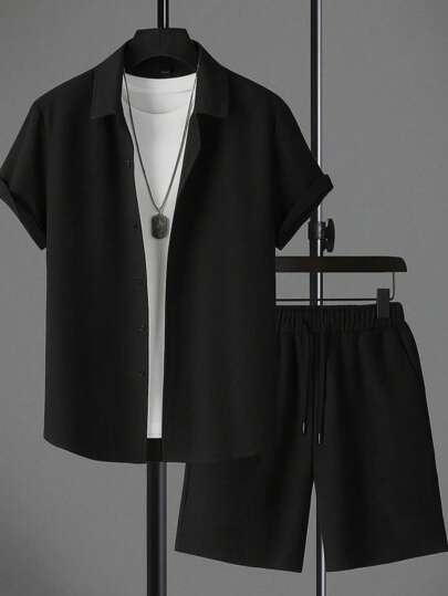 Herr sommar enfärgad kortärmad casual skjorta och knytshorts, 2 delar/set casual outfits