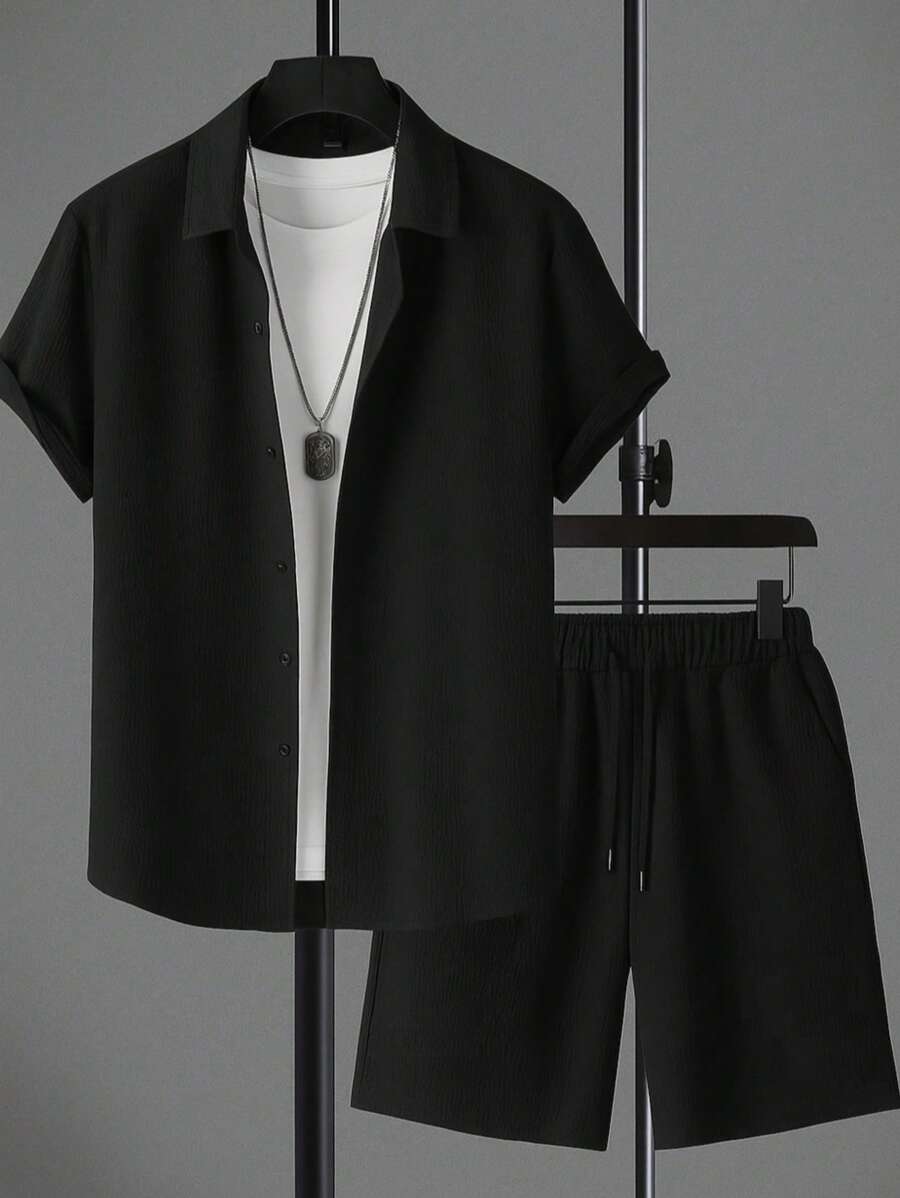 Men's Summer Solid Color Short Sleeve Casual Shirt And Tie Waist Shorts, 2 Pieces/Set Casual Outfits - Black - View 1