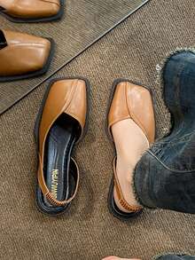 Brown Square Toe Sandals, Women's Flat Casual Sandals, Solid Color Hollow Out Flats For Summer - Brown - View 2