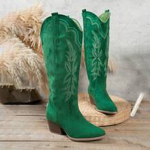 Women'S Fashion Slip-On Wedge Heel Versatile Electric Embroidery Grass Leaf Pattern High Boot  Western    Embroidery    Holiday - màu xanh lá - Xem 5