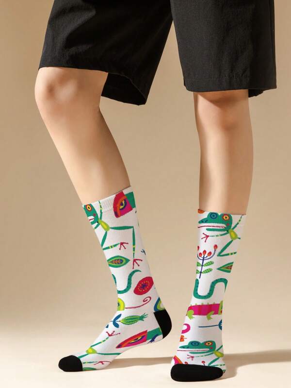 1/2/3 Pairs 3D Men's Printed Mid-Calf Socks, Crew Socks, Fashion Socks, Creative Socks, Calf-Length, Dinosaur, Small Flower, Small Grass Patterns, Cartoon Style Socks, Fun Socks, Suitable For Any Occasion, Such As Spring, Summer, Autumn, And Winter.