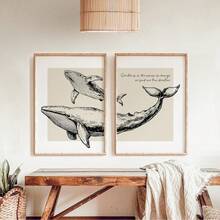 1/2pcs Frameless Vintage Whale Mother & Baby Print, Beige Coastal Wall Art With Canvas Texture, Inspirational Ocean Quote Poster For Beach House & Nursery Decoration