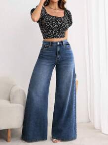 Pantalones Palazzo de Mezclilla de Cintura Alta para Mujer: Vaqueros Anchos para Estilos Casuales y Elegantes Bolsillos delanteros de botones femeninos ocio relajado retro lavado pantalones de piernas anchas para cubrir la carne delgada pantalones de campana nuevos y de moda,pantalon de mezclilla dama,san valentín ropa,pantalones de mujer,Azul oscuro retro - Azul - Ver 7