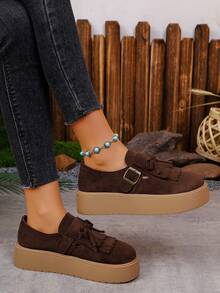 女士厚底蝴蝶结流苏扣厚底平底乐福鞋，玛丽珍一脚蹬鞋，韩版 - 深棕色 - 查看 4