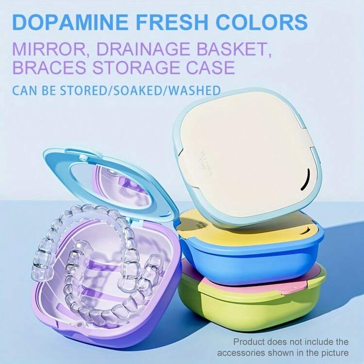Vibrant Dopamine Oral Retainer Case With Mirror & Drainage Basket - Portable Compact Storage Box, Multi-Functional Travel-Friendly Denture & Teeth Sleeve Organizer In 4 Colors (Yellow, Blue, Purple, Pink), Oral Accessories, Retainer Cleaner, Stylish Accessory, Transparent Lid Design - Multicolor - View 8
