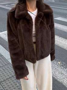 DEEKA 冬季新款仿貂皮草大衣女短款宽松修身高端加厚毛茸茸外套 - 棕色 - 查看 4