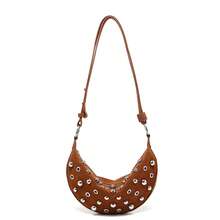 Street Punk Rivet Adjustable Shoulder Women's Crossbody Saddle Bag Fashion Women's Handbag, Made Of PU Material, With Zipper Closure - Coffee - View 9