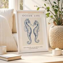 1 tranh in hình cá ngựa xanh nước biển cổ điển không khung, tranh treo tường phòng tắm ven biển với họa tiết vải lanh, áp phích trung tính về biển cho phòng tắm spa & trang trí nhà trên bãi biển | Phong cách Hamptons, vật dụng thiết yếu trong ký túc xá - Nhiều màu - Xem 2