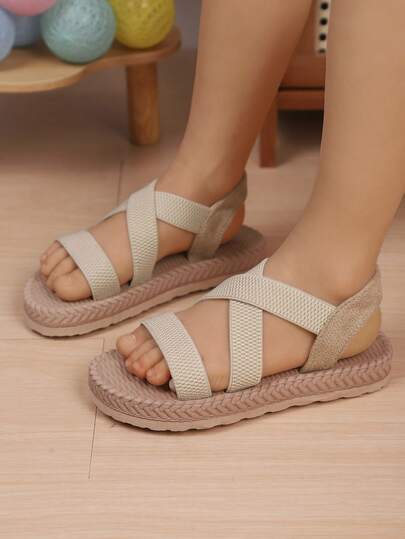 女童夏季新款可爱弹力带舒适平底凉鞋，百搭时尚设计，适合2-14岁女孩，厚底设计，夏季穿着舒适