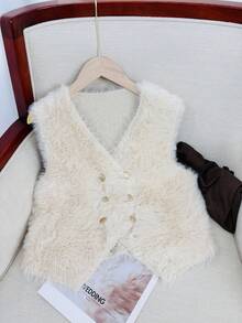 Damen Kuschelige Strickjacke ärmellos Kunstfell Mantel mit tiefem V-Ausschnitt und goldenen Knöpfen asymmetrisch normale Länge