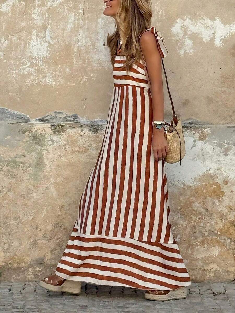 Random Cut Sleeveless Printed Summer A-Line Dress, Women Summer Vacation Dress, Casual Outgoing Dress Elegant - Brown - View 1