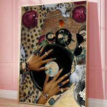 1pc Retro Music Wall Art, Black Art Leopard Poster, Fashion Girl Poster, Music Record Player Printing, Party - Blue - View 11