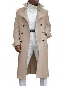 Men's Notch Lapel Double Breasted Long Trench Coat Casual Cotton Blend Peacoathalloween - 米色 - 查看 1