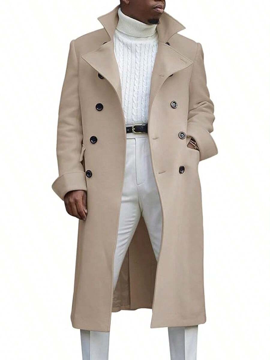 Men's Notch Lapel Double Breasted Long Trench Coat Casual Cotton Blend Peacoathalloween - 米色 - 查看 1