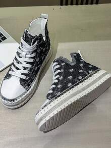 New Autumn/Winter Rhinestone Embellished High-Top Sneakers, Thick Sole Casual Shoes, Suitable For Street Style, Daily Commute, Office And Leisure Wear - màu đen - Xem 7