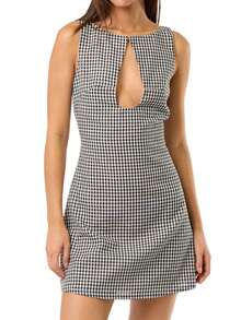 Women Mini Dress Sleeveless Plaid Dress Hollowed Slim Fit Summer Tank Dress For Club Party - màu đen - Xem 6