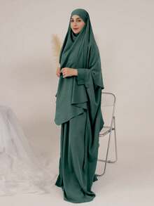 2 Stück einfarbiges Khimar + Abaya Set, locker & bequem mit Krawatte, Abaya mit Reißverschluss vorne, Manschetten, passend für alle, Länge 143cm, geeignet für täglichen Gebrauch, Gebet und Ausgehen von Frauen