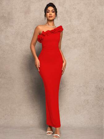 Women's Basic Oblique Shoulder Dress, Suitable For Party And All Seasons