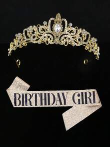 1 Set Minimalist Fashion Women's Birthday Crown Outfit, Zinc Alloy Crown, Birthday Girl Shoulder Strap, Birthday Party Princess Costume Set - Gold - View 2