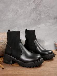 女士秋冬时尚黑色切尔西靴，复古弹力针织拼布短靴，舒适厚底靴，适合返校季、散步和日常穿着 - 黑色 - 查看 2