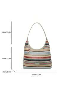 1 件时尚休闲彩色条纹草编女士单肩包，适合办公室、通勤、购物、度假 - 彩色 - 查看 7