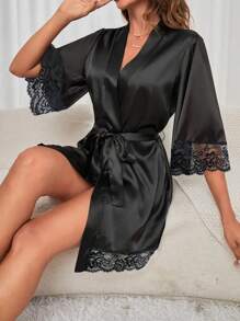 1 pieza Bata de baño con decoración de encaje y cinturón para mujer, bata de baño de seda sintética sexy para mujer, ropa de casa informal y ligera, pijama, cárdigan simple y suelto, bata con cinturón, adecuada para uso doméstico y hotelero, excelente opción para la temporada de regreso a clases, bata de baño para todo el año, bata de baño de verano, bata de baño de otoño, bata de baño de invierno (los artículos con estampado de encaje se envían al azar).