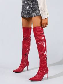 Damen Spitze Glänzende Stiletto High Heel Overknee Stiefel, modische vielseitige elastische Skinny Stiefel, sexy Party Oberschenkel-Hohe Stiefel - Rot - Übersicht 1