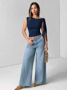 Elegant Suplex T-Shirt Top With Asymmetrical Shoulders And Straps, Ideal For Daily Use, Outings, Nightclubs, Parties, Halloween Costumes - Màu xanh hải quân - Xem 5