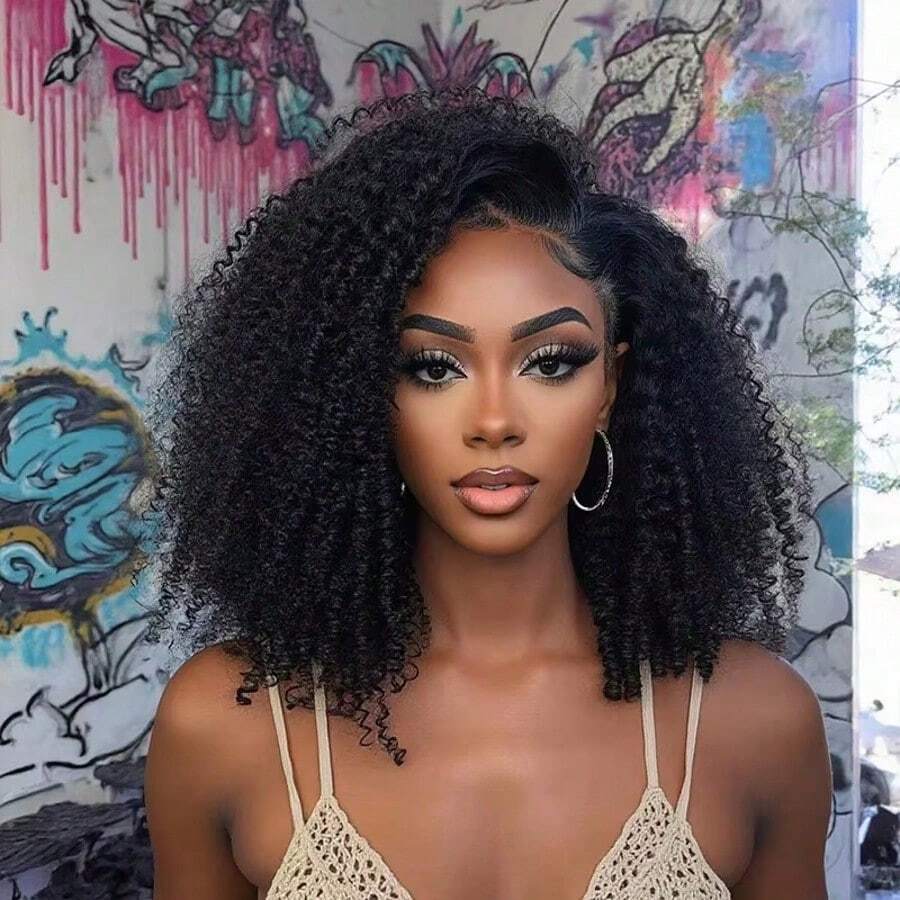 Half Wig Human Hair Kinky Curly Glueless Wig Human Hair Ready To Wear 3 IN 1 Half Wig With Drawstring 250 Density Curly Half Wig 8-42inch - Natural Black - Xem 1