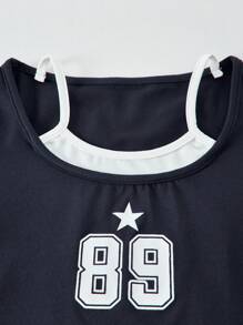 两件套女童时尚休闲套装，数码印花，方领无袖上衣搭配白色条纹裤，适合春、秋、冬户外、日常聚会和旅行穿着。 - 藏蓝色 - 查看 7