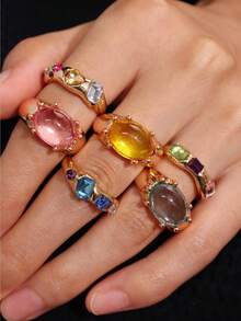 6pcs/Set Fashion Creative Colorful Faux Gemstone Rhinestone Rings Set, Minimalist Versatile High-End, Gift Jewelry For Women - Multicolor - View 3