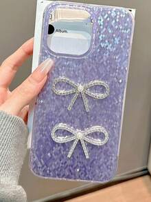 Custodia per telefono di lusso con strass 3D, fiocco e rombo, compatibile con 16, 15, 14, 13 Pro Max, 16, 15, cover protettiva con glitter - Viola - Visualizzare 2