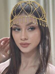 时尚奢华镂空网状泪珠吊坠头链，女士迷人闪亮珠宝，头饰，发藤链，头饰珠宝，女士珠宝